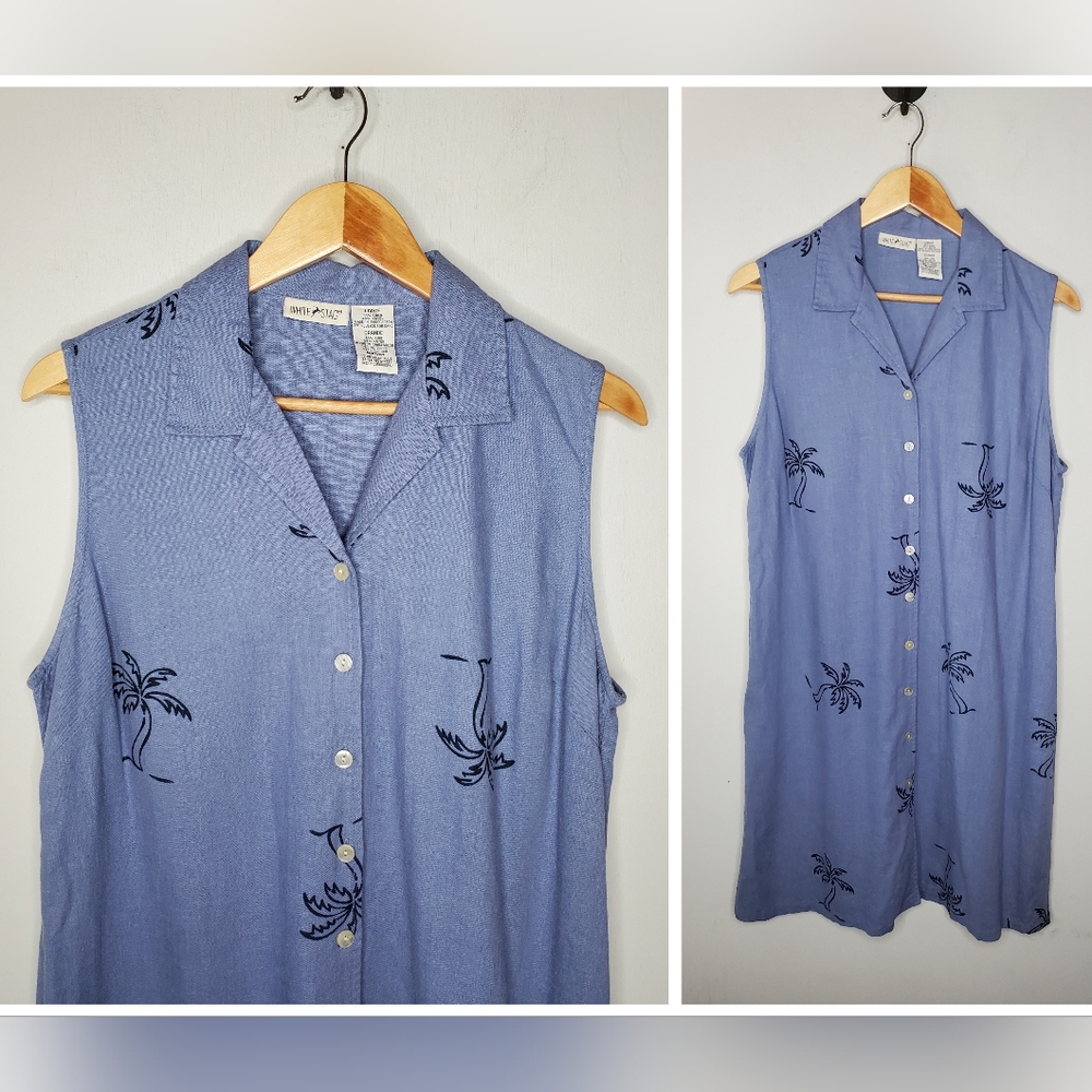 Vintage 90s Linen Rayon Blend Sleeveless Tropical Palm Tree Button Shirt Dress